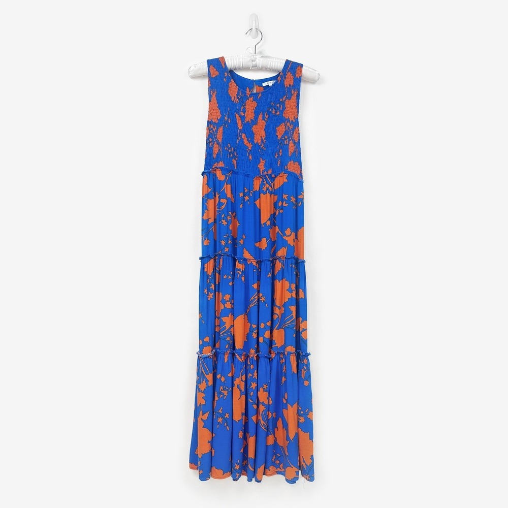 Abel The Label Floral Maxi Dress Size M Blue Orange Smocked Boho Tropical Resort